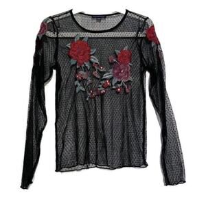 American Eagle Rose Embroidered Mesh Top Polka Dot Long Sleeve Black Small